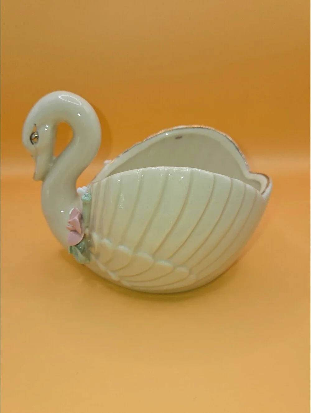 Vintage Ceramic Swan Planter with Pink Flower Accent, Made in China, Approx. 6
